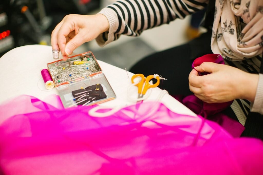 Seamstress working with fabric during the garment-making process